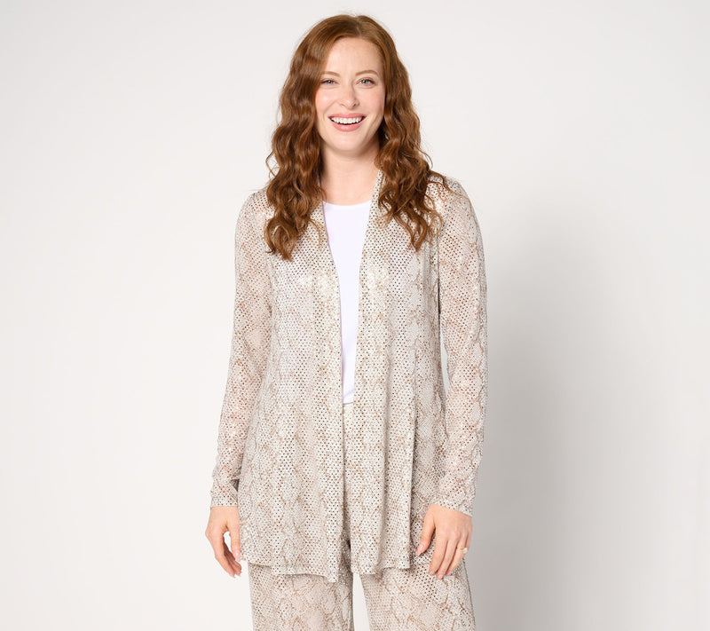 Susan Graver Occasions Pet Metallic Knit Foil Print Open Front Cardigan — Main view