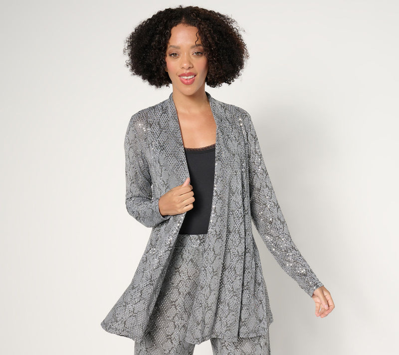 Susan Graver Occasions Pet Metallic Knit Foil Print Open Front Cardigan — View 15