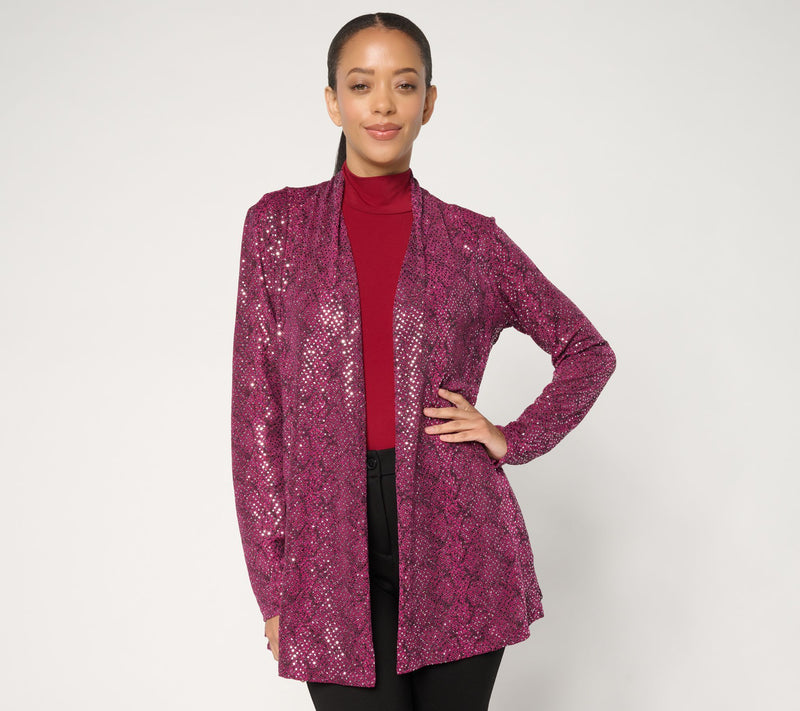 Susan Graver Occasions Pet Metallic Knit Foil Print Open Front Cardigan — View 9