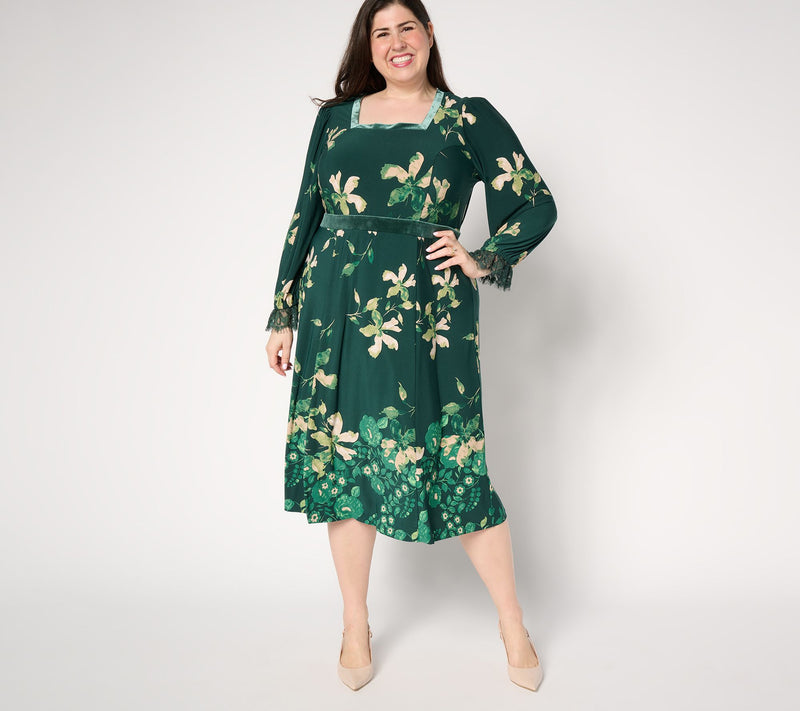 Susan Graver Pet Printed Liquid Knit Lace & Velvet Trim Midi Dress — View 10