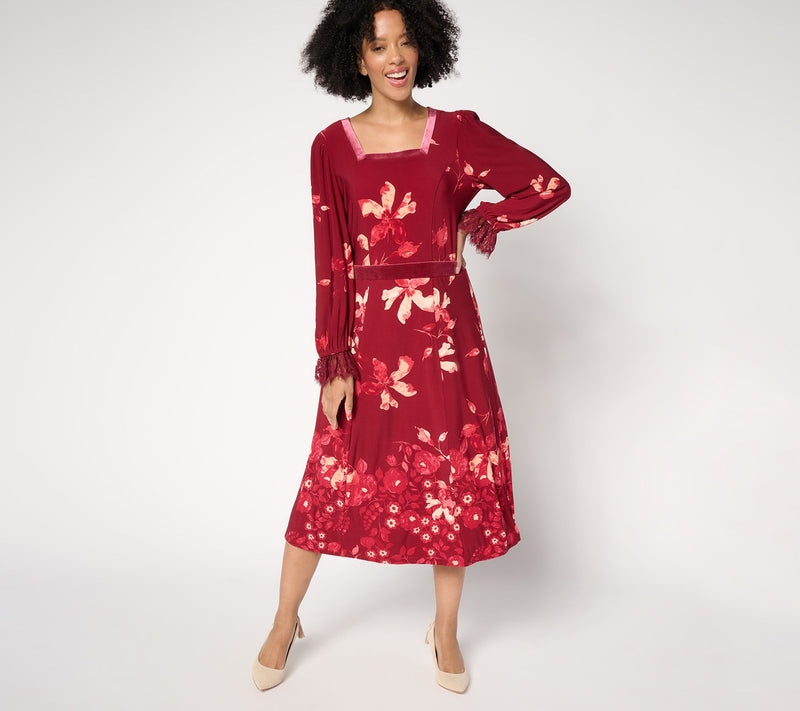 Susan Graver Pet Printed Liquid Knit Lace & Velvet Trim Midi Dress — View 5