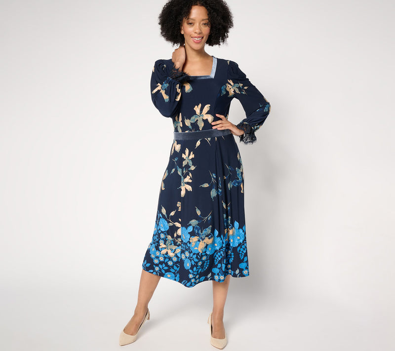 Susan Graver Pet Printed Liquid Knit Lace & Velvet Trim Midi Dress — View 7