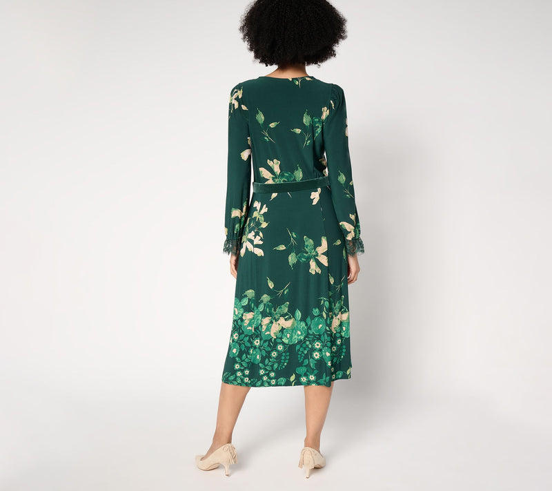 Susan Graver Pet Printed Liquid Knit Lace & Velvet Trim Midi Dress — View 11