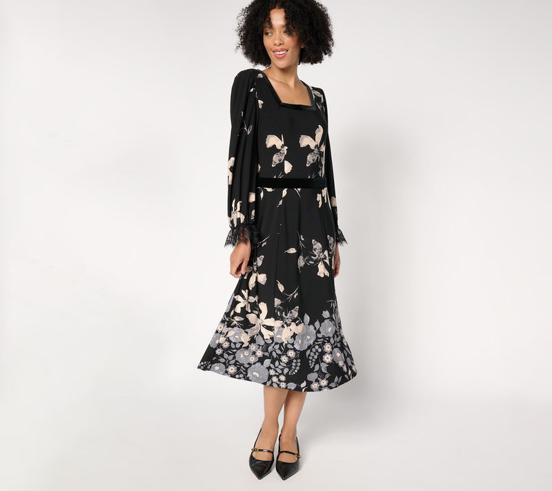 Susan Graver Pet Printed Liquid Knit Lace & Velvet Trim Midi Dress — Main view