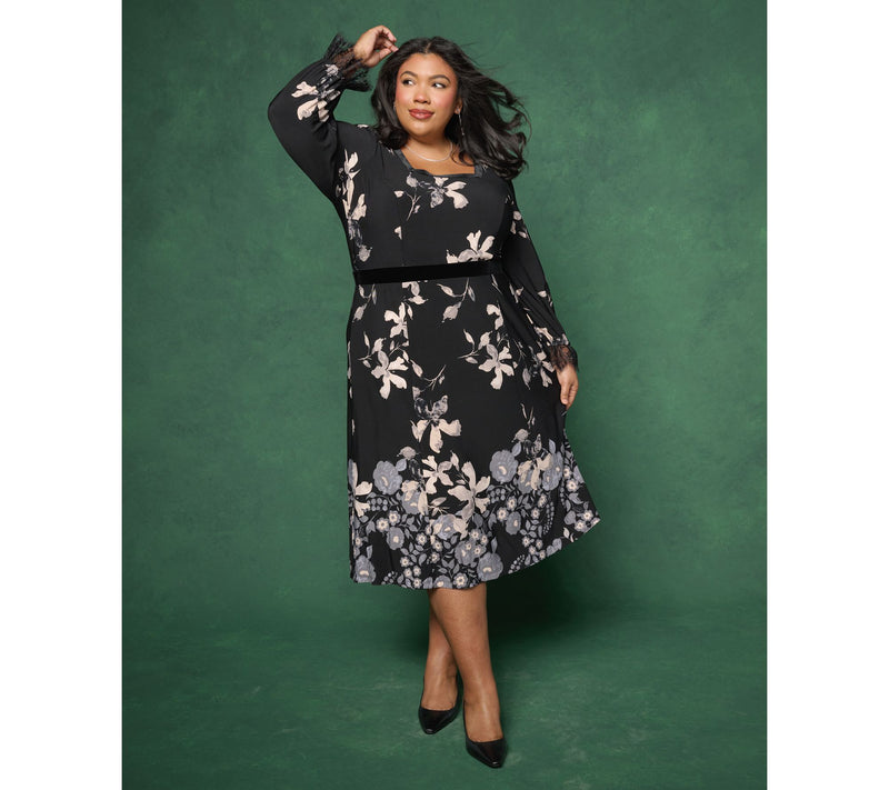 Susan Graver Pet Printed Liquid Knit Lace & Velvet Trim Midi Dress — View 14