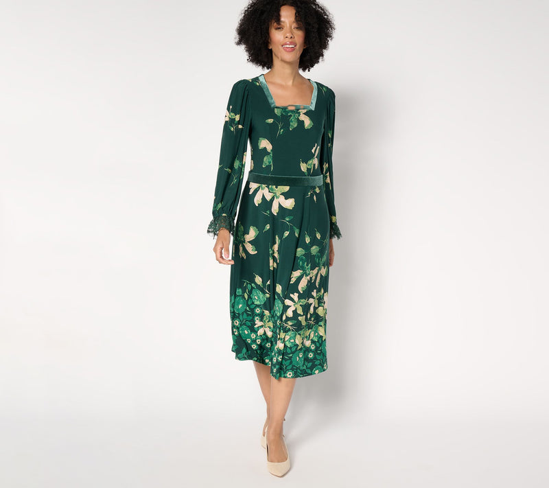 Susan Graver Pet Printed Liquid Knit Lace & Velvet Trim Midi Dress — View 9