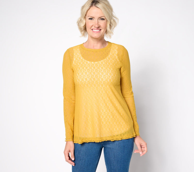 LOGO Layers by Lori Goldstein Crew Neck Long Sleeve Mesh Top — View 5