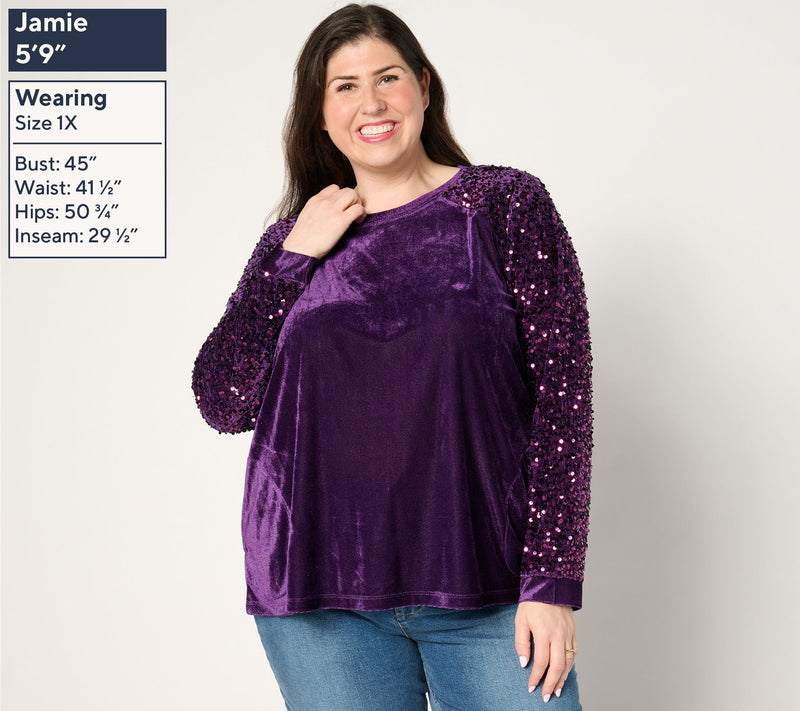 LOGO Lavish by Lori Goldstein Long Sleeve Velvet & Sequin Top — View 10
