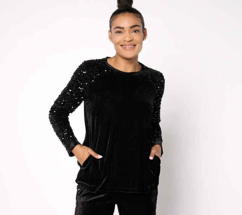 LOGO Lavish by Lori Goldstein Long Sleeve Velvet & Sequin Top — View 9
