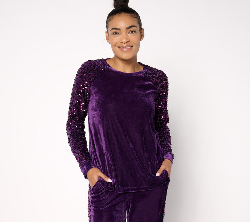 LOGO Lavish by Lori Goldstein Long Sleeve Velvet & Sequin Top — View 5