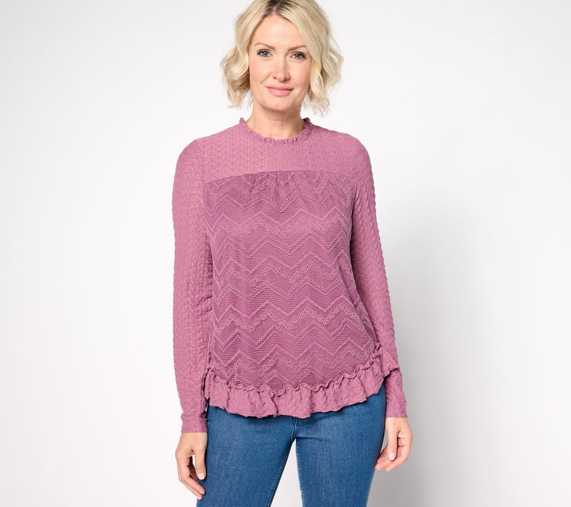 LOGO Lavish by Lori Goldstein Long Sleeve Crew Neck Lace Top — View 10