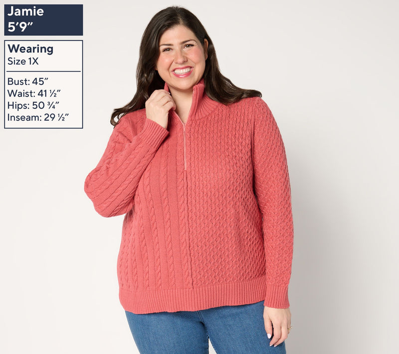 AnyBody Mixed Stitch Half Zip Sweater with Side Slits — View 10