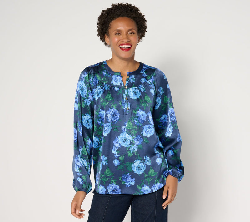 Isaac Mizrahi Live! Printed Stretch Hammered Satin Blouse — View 3