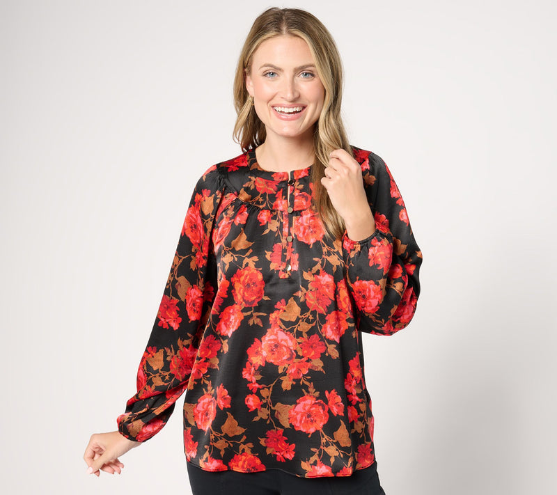 Isaac Mizrahi Live! Printed Stretch Hammered Satin Blouse — View 13