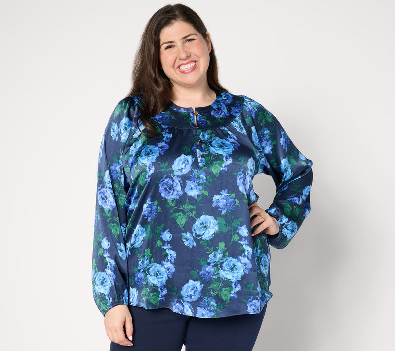Isaac Mizrahi Live! Printed Stretch Hammered Satin Blouse — View 4
