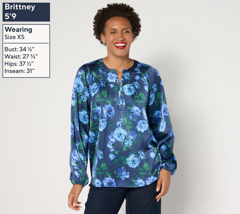 Isaac Mizrahi Live! Printed Stretch Hammered Satin Blouse — View 5