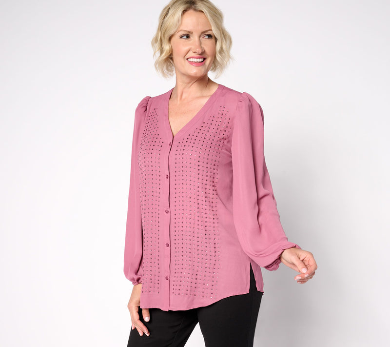 Dennis Basso Double Georgette Blouse with Embellishment — View 5