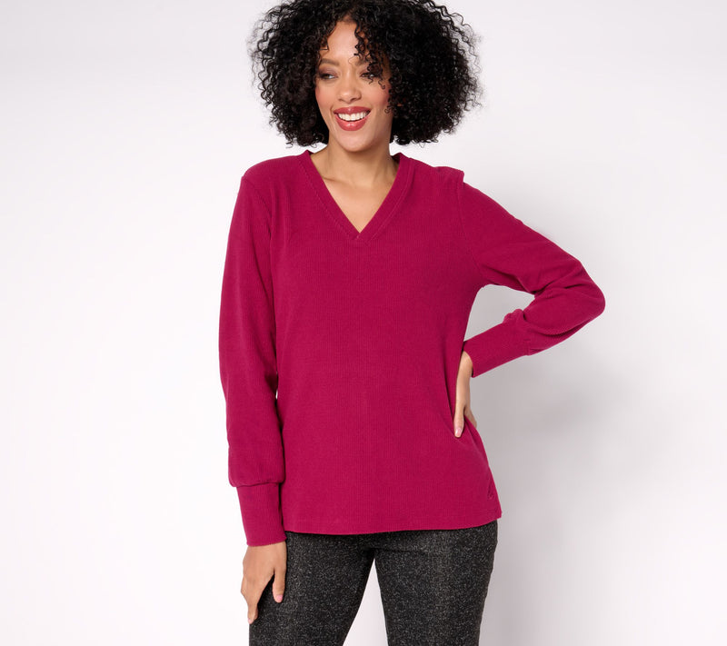 Cuddl Duds Ribbed Fleece V-Neck Pullover — Main view