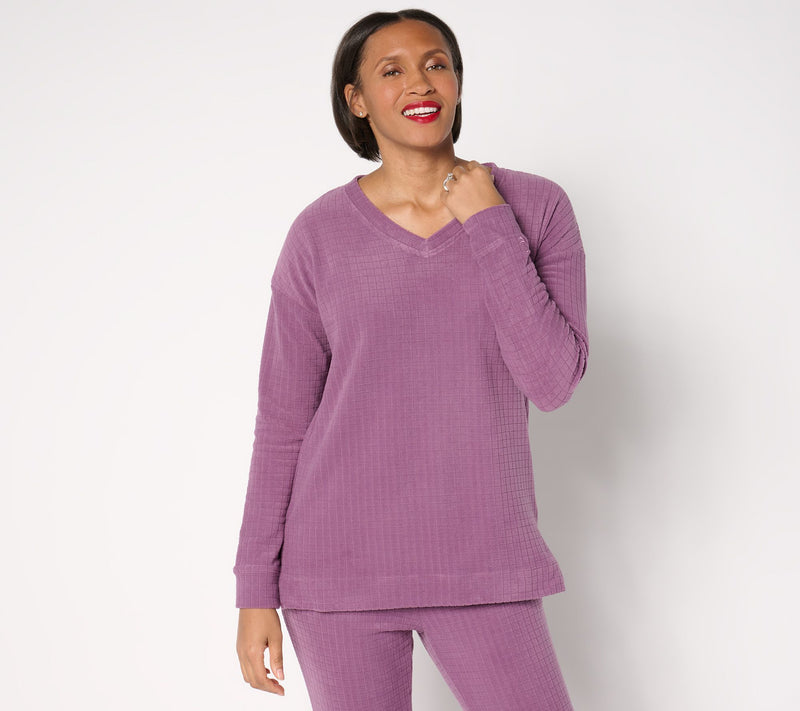 Cuddl Duds Grid Fleece V-Neck Pullover — Main view