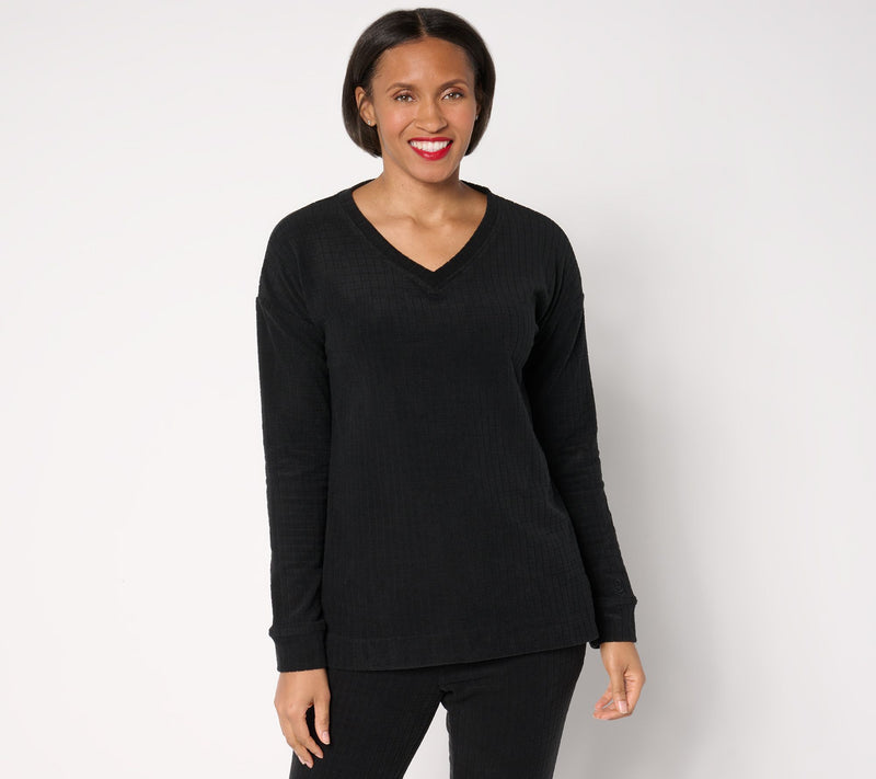 Cuddl Duds Grid Fleece V-Neck Pullover — View 9