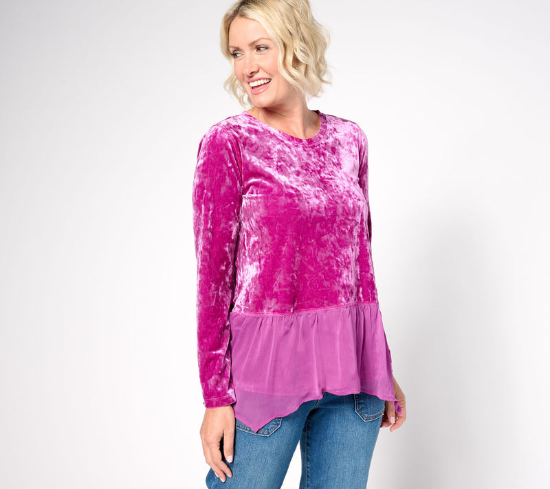 LOGO by Lori Goldstein Crushed Velvet Top w/ Chiffon Hem — Main view