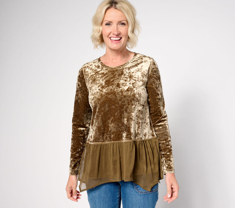 LOGO by Lori Goldstein Crushed Velvet Top w/ Chiffon Hem — View 7
