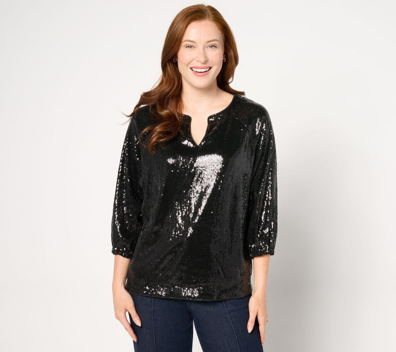 nicole by Nicole Miller Sequin 3/4-Balloon Sleeve Top — View 7