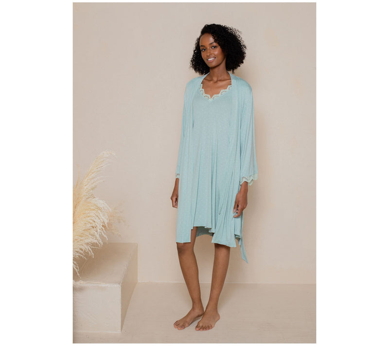 LATTELOVE Knit Robe with Lace Trim Detail — View 10