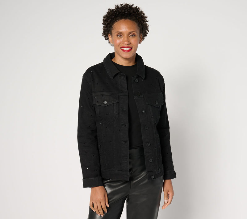 nicole by Nicole Miller Rhinestone Boyfriend Denim Jacket- Black — View 7