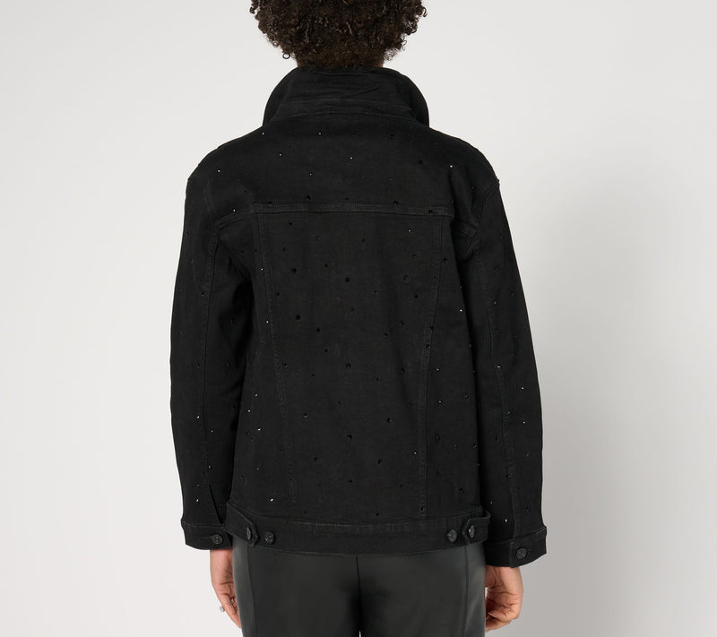 nicole by Nicole Miller Rhinestone Boyfriend Denim Jacket- Black — View 3