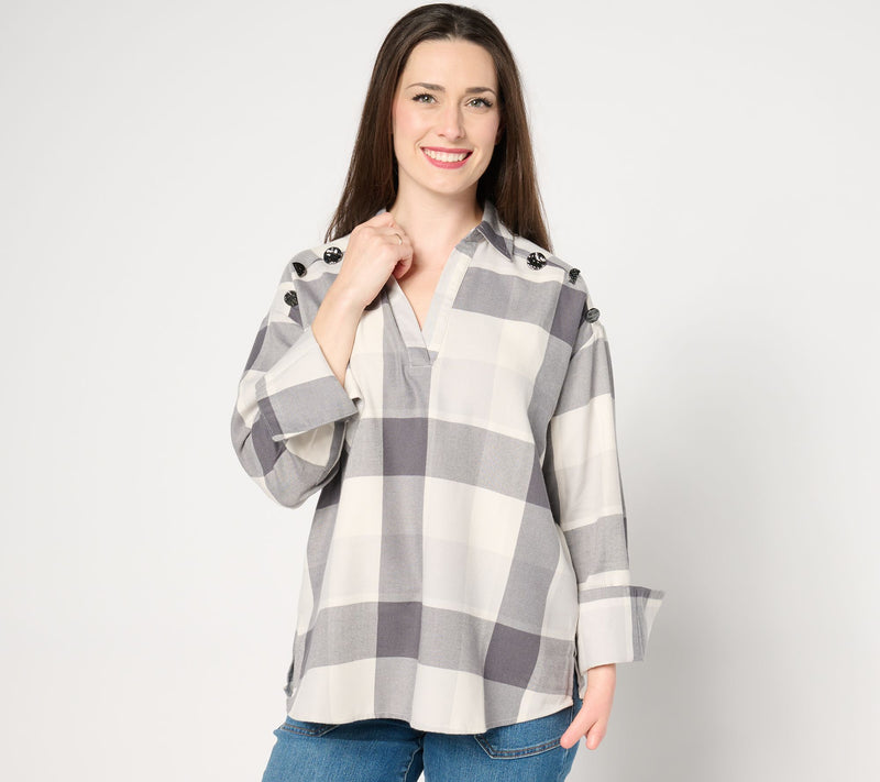 Peace Love World Button Detail Popover Shirt — View 9