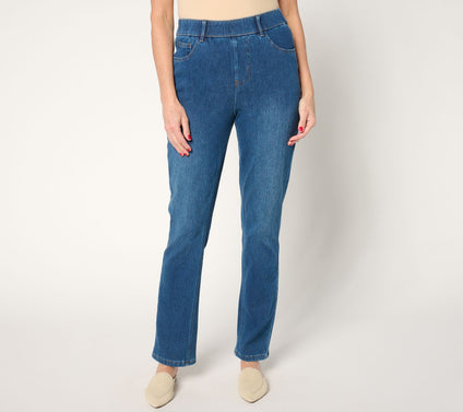 Isaac Mizrahi Live! Petite Knit Denim Straight-Leg Pull-On Jeans