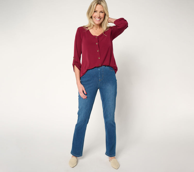 Isaac Mizrahi Live! Tall Knit Denim Straight-Leg Pull-On Jeans — View 13