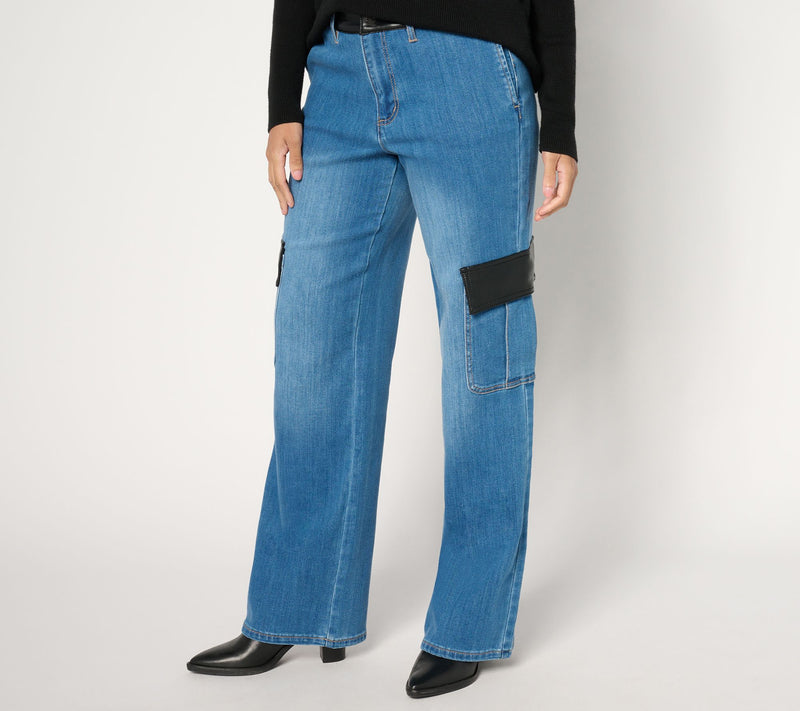 Peace Love World Black Label Petite Cargo Jean with Faux Leather — View 5