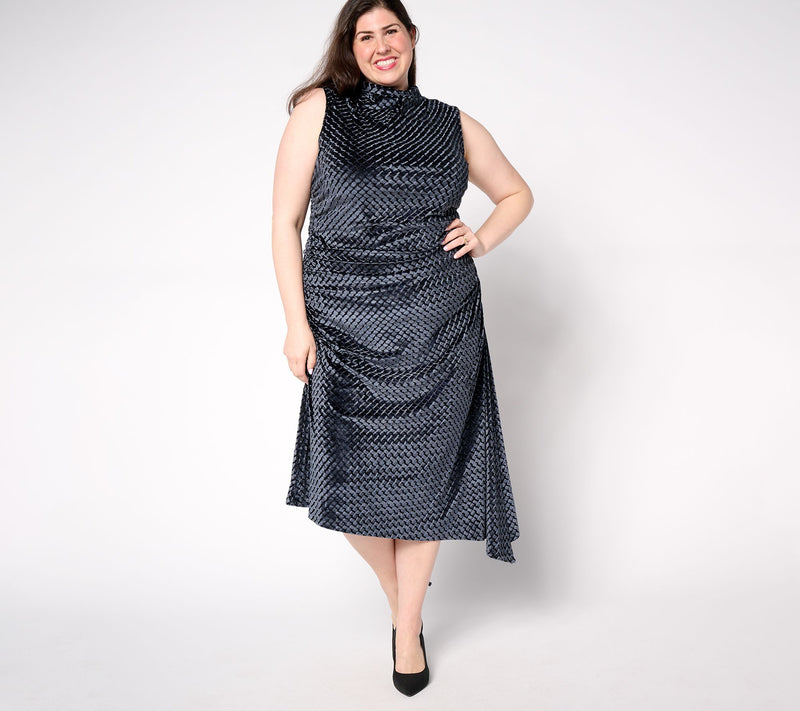Destination 365 Petite Velvet Mock Neck Side Gathered Midi Dress — View 8