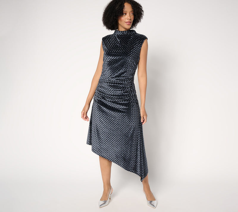 Destination 365 Petite Velvet Mock Neck Side Gathered Midi Dress — View 7