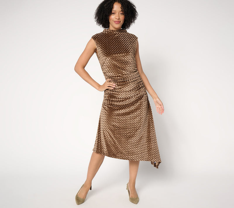 Destination 365 Petite Velvet Mock Neck Side Gathered Midi Dress — View 5