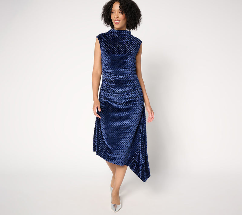 Destination 365 Petite Velvet Mock Neck Side Gathered Midi Dress — View 3