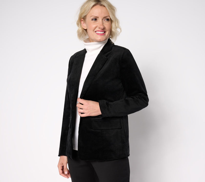 Denim & Co. Petite Stretch Velvet One Button Blazer — View 13