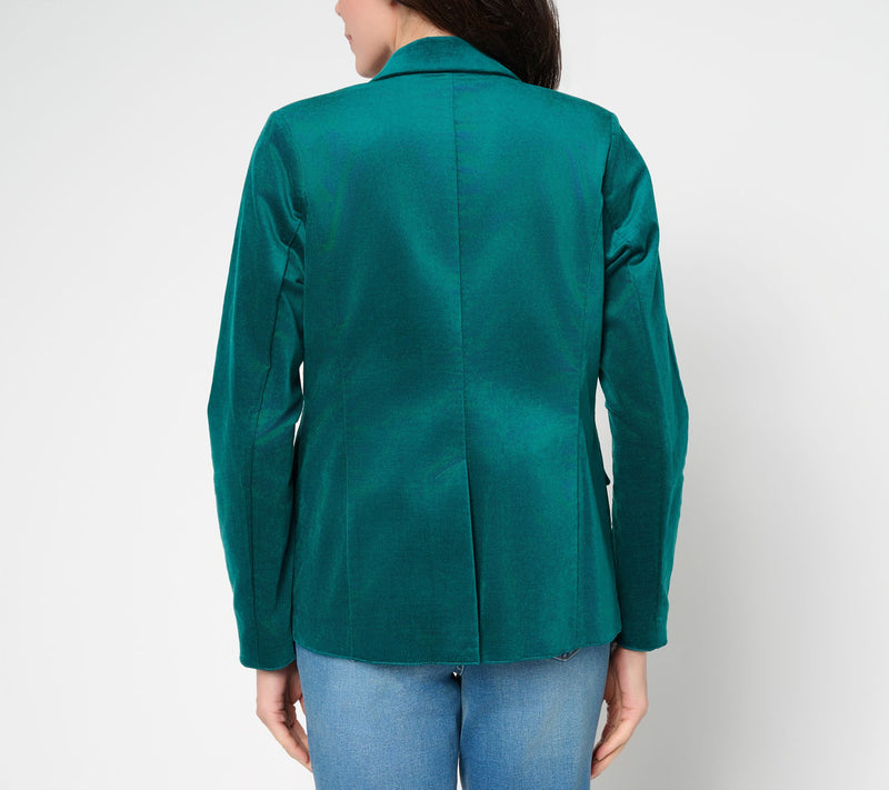 Denim & Co. Petite Stretch Velvet One Button Blazer — View 15