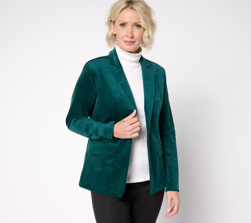 Denim & Co. Petite Stretch Velvet One Button Blazer — View 9