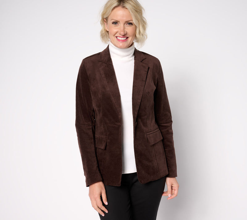 Denim & Co. Petite Stretch Velvet One Button Blazer — View 5