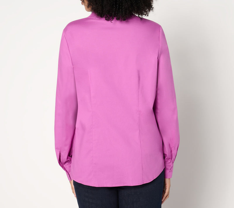 Denim & Co. Signature Poplin Ruffle V-Neck Shirt w/ Buttons — View 8
