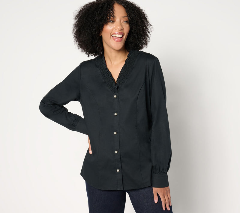 Denim & Co. Signature Poplin Ruffle V-Neck Shirt w/ Buttons — View 7