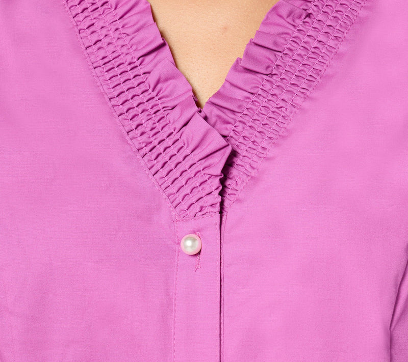 Denim & Co. Signature Poplin Ruffle V-Neck Shirt w/ Buttons — View 10
