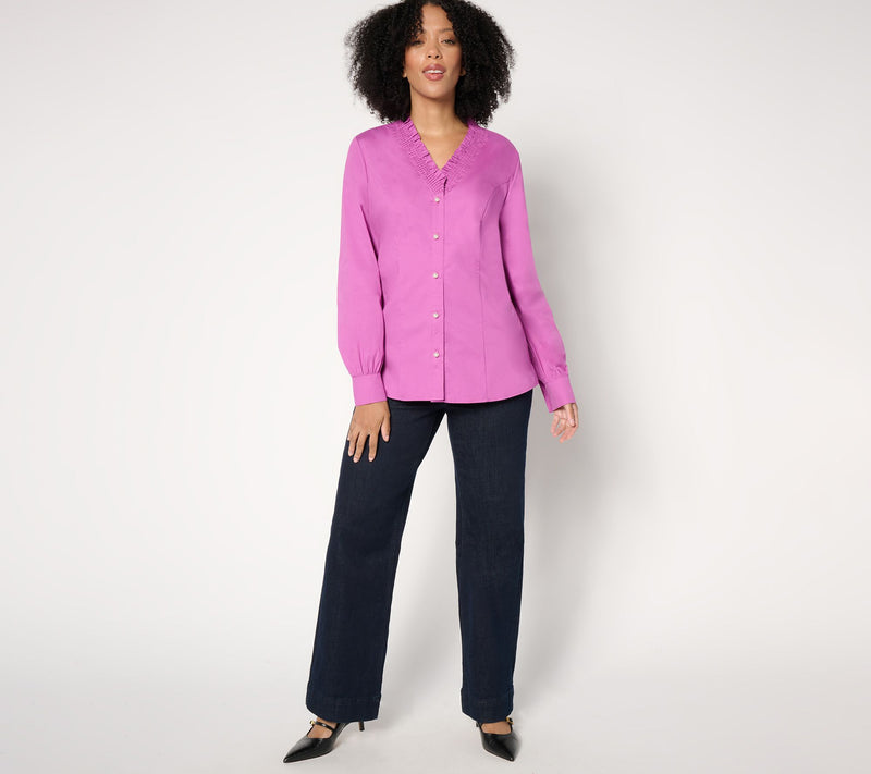 Denim & Co. Signature Poplin Ruffle V-Neck Shirt w/ Buttons — View 9