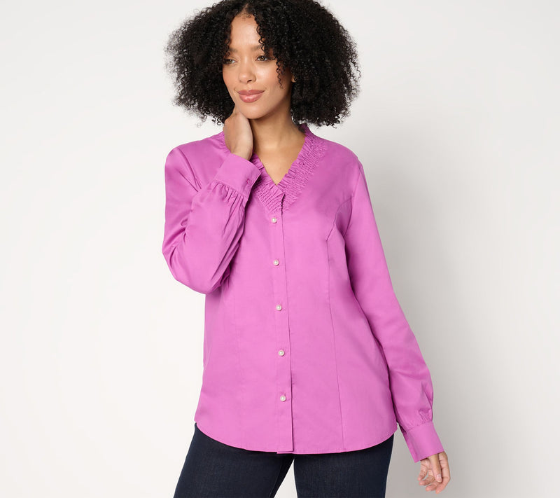Denim & Co. Signature Poplin Ruffle V-Neck Shirt w/ Buttons — View 3