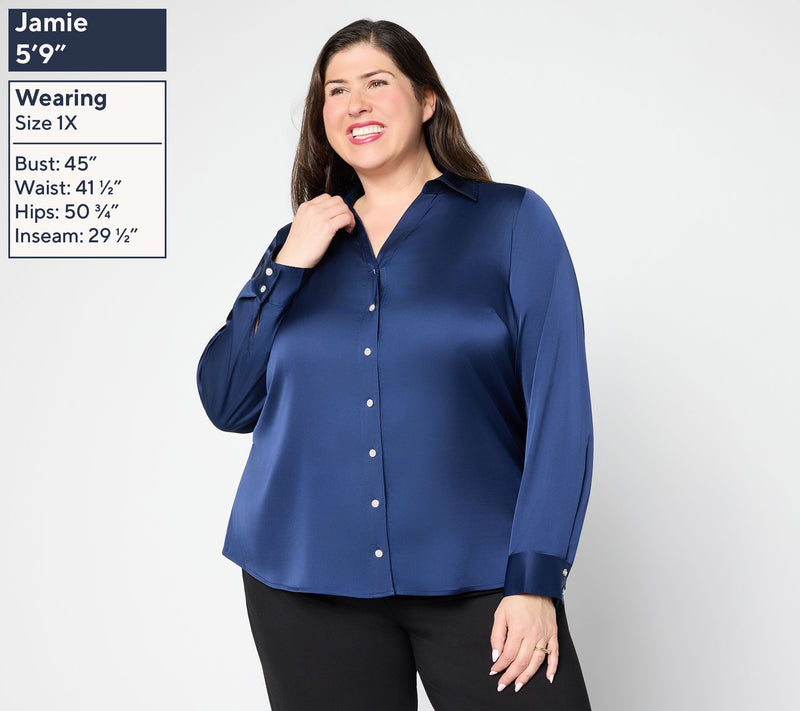 Denim & Co. Satin Long-Sleeve Button-Front Top — View 2