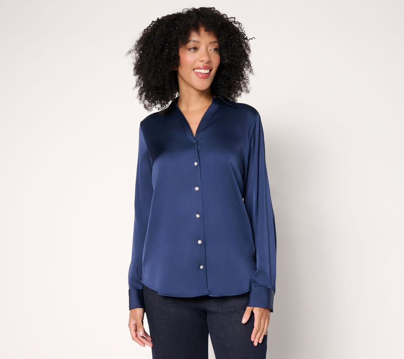 Denim & Co. Satin Long-Sleeve Button-Front Top — View 9