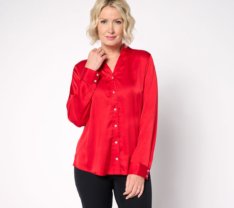 Denim & Co. Satin Long-Sleeve Button-Front Top — Main view